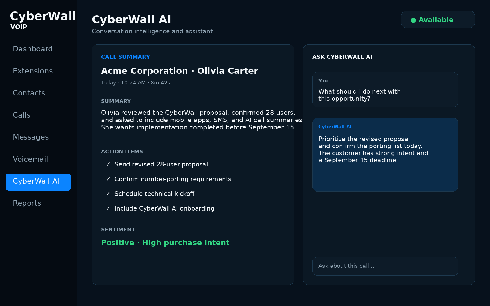 CyberWall AI call summary and conversation intelligence screen